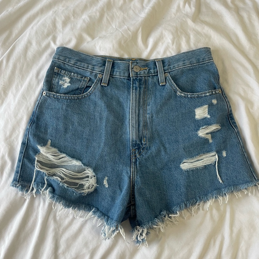 Levi's Blue Distressed High-Waist Jean Shorts